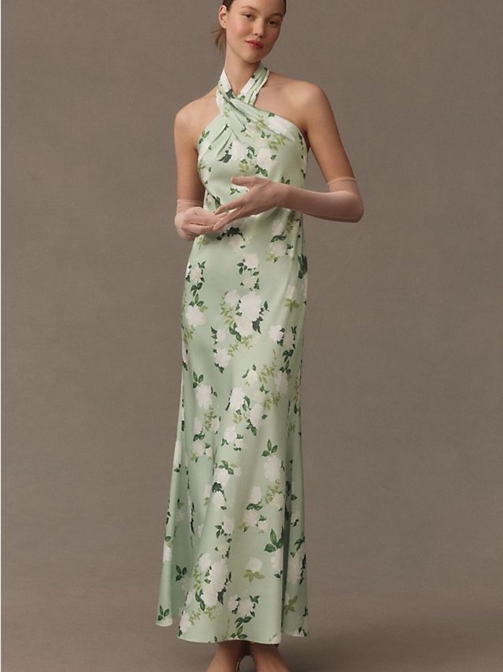 BHLDN Ruby Twist Halter Satin Gown in Green Floral Maxi Dress